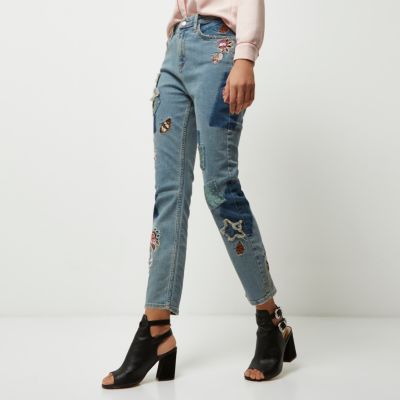 Mid blue Lori sequin floral skinny jeans